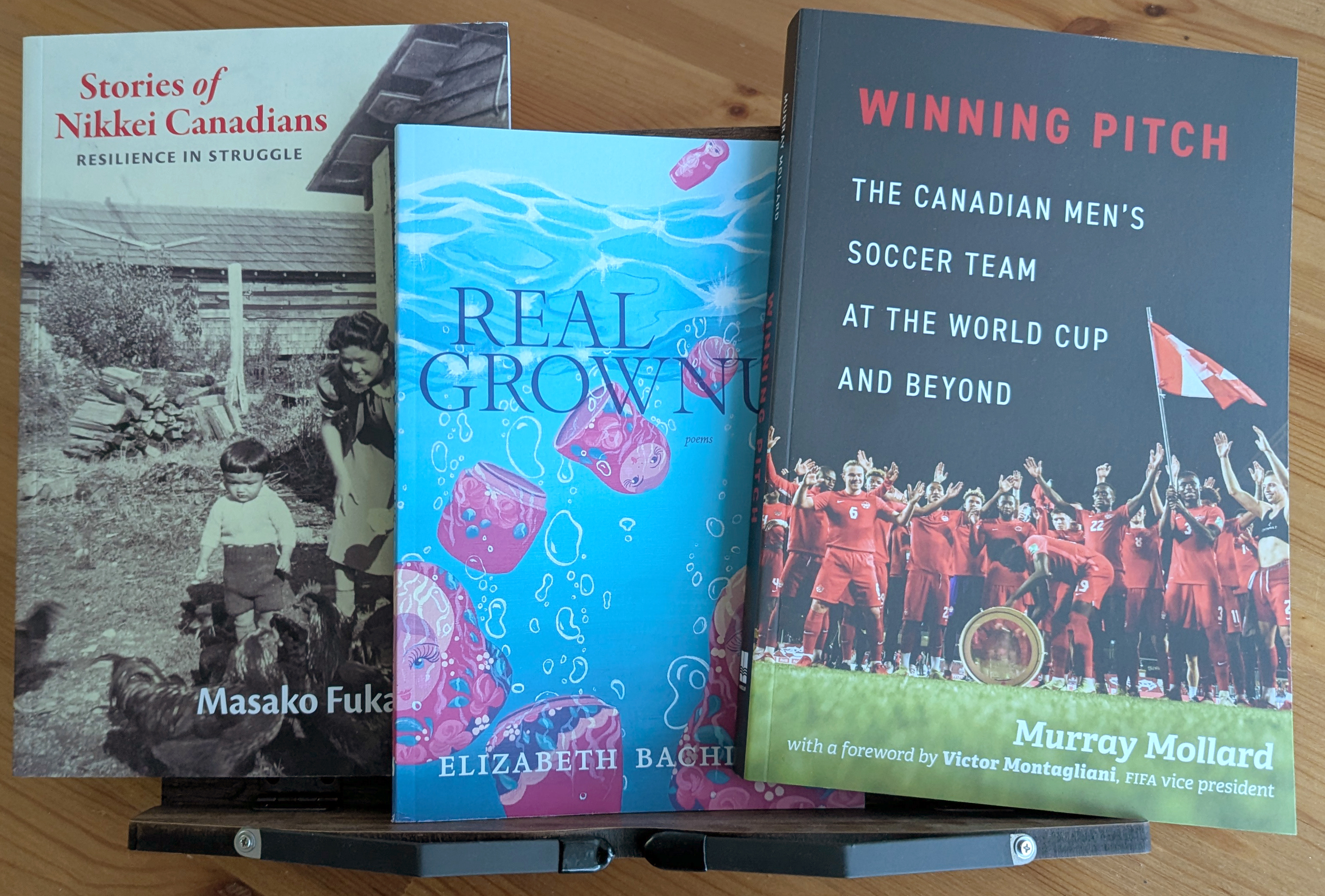 Three books side by side. Left to right: Stories of Nikkei Canadians, by Masako Fukawa; Real Grownup, by Elizabeth Bachinsky; and Winning Pitch, by Murray Mollard.